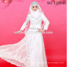 Hohes Nackenspitze Applique Langhülse weißes Tulle islamisches moslemisches Hochzeitskleid